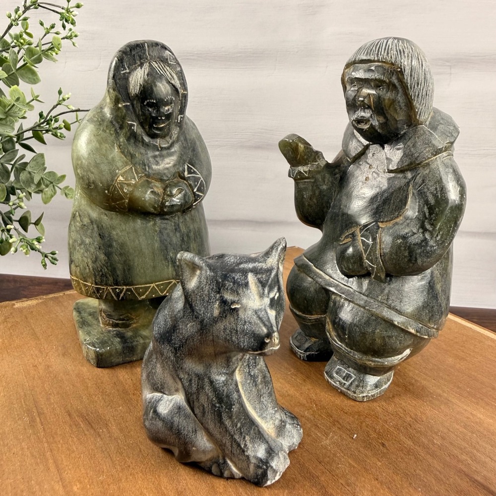 Ynoalook Signed Inuit Soapstone Carving Set 3pc Figures Husky Eskimo Art